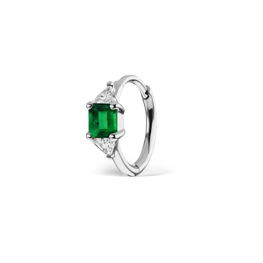 3mm Emerald and Diamond Princess Triangle Hoop (Non-Rotating) - Image 2