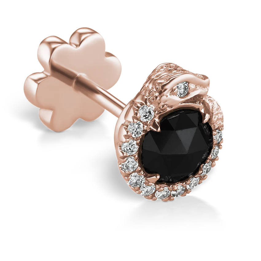 Black and White Diamond Pavé Ouroboros Threaded Stud Earring With Titanium Backing - Image 11