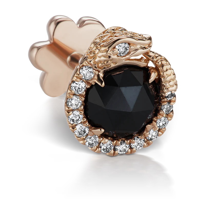 Black and White Diamond Pavé Ouroboros Threaded Stud Earring With Titanium Backing - Image 12