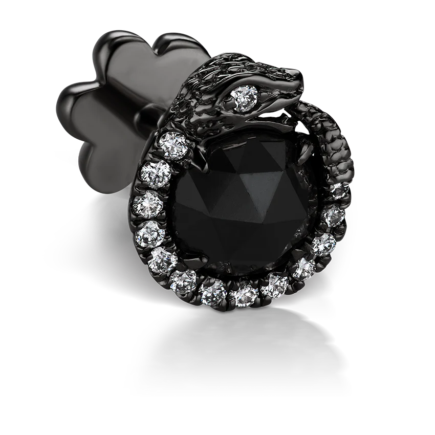 Black and White Diamond Pavé Ouroboros Threaded Stud Earring With Titanium Backing - Image 14