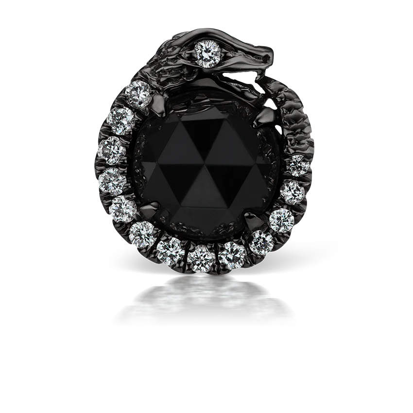 Black and White Diamond Pavé Ouroboros Threaded Stud Earring With Titanium Backing - Image 15