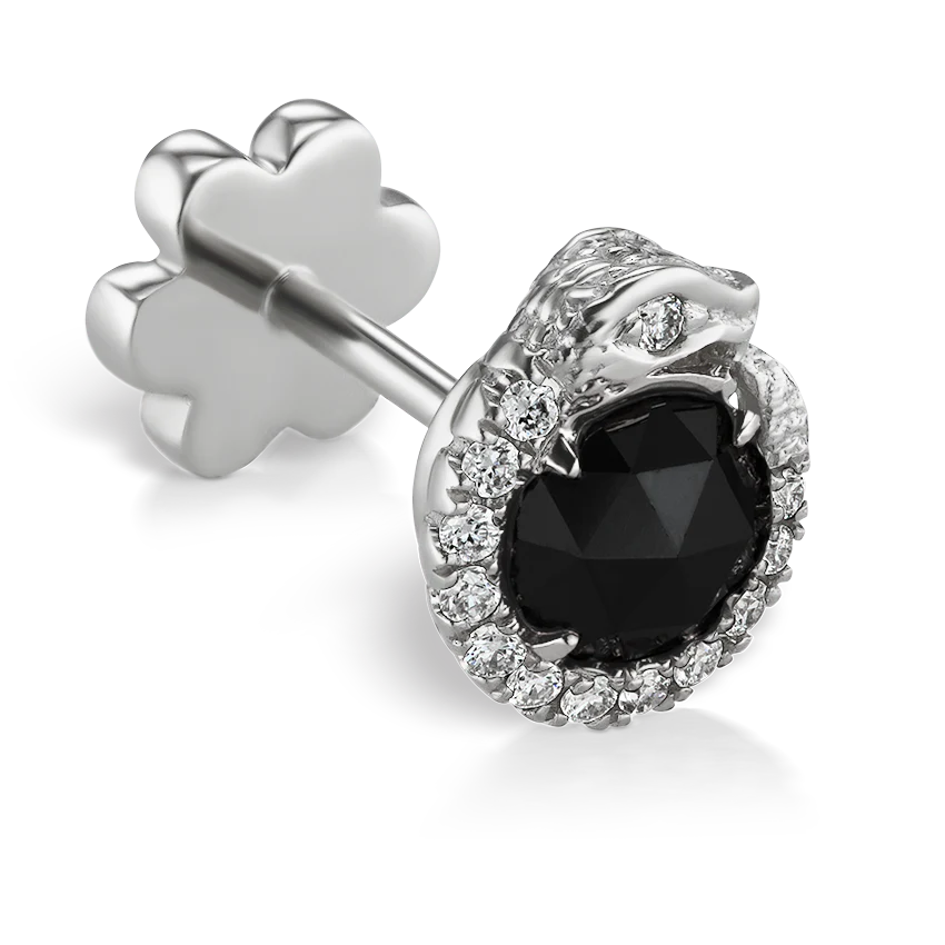 Black and White Diamond Pavé Ouroboros Threaded Stud Earring With Titanium Backing - Image 3