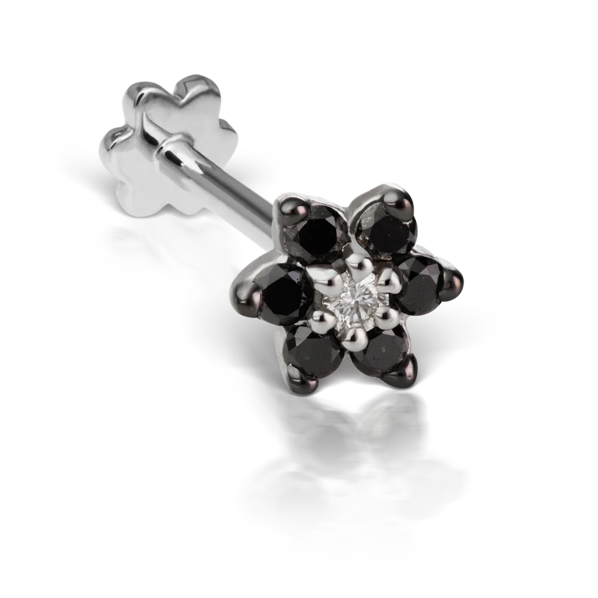 Black Diamond Flower Threaded Stud Earring With Titanium Backing