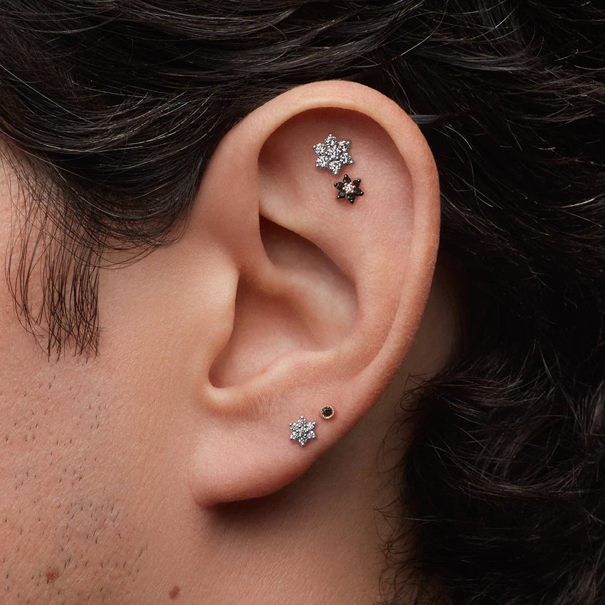 Black Diamond Flower Threaded Stud Earring With Titanium Backing - Image 15