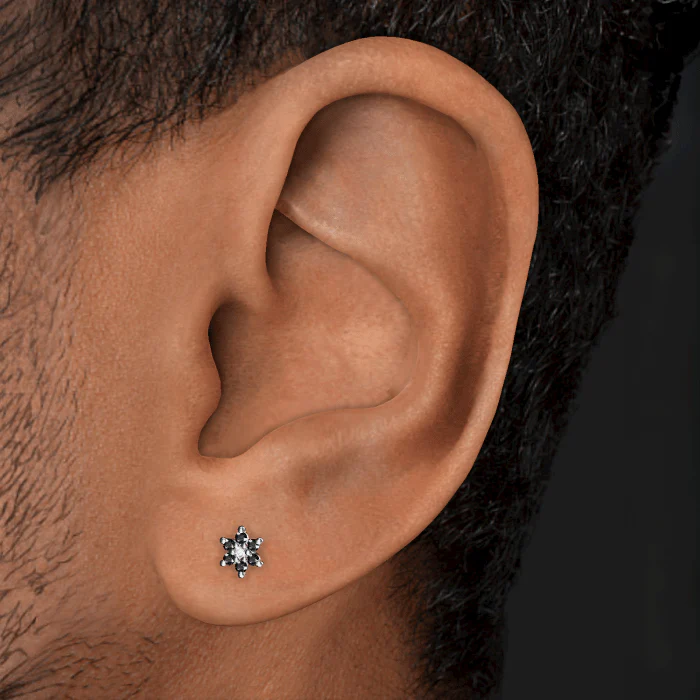 Black Diamond Flower Threaded Stud Earring With Titanium Backing - Image 5
