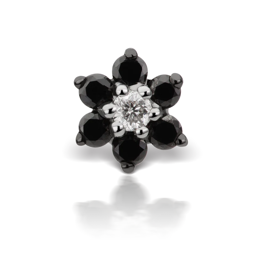 Black Diamond Flower Threaded Stud Earring With Titanium Backing - Image 6