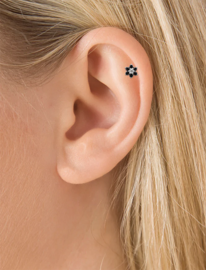 Black Diamond Flower Threaded Stud Earring With Titanium Backing - Image 9
