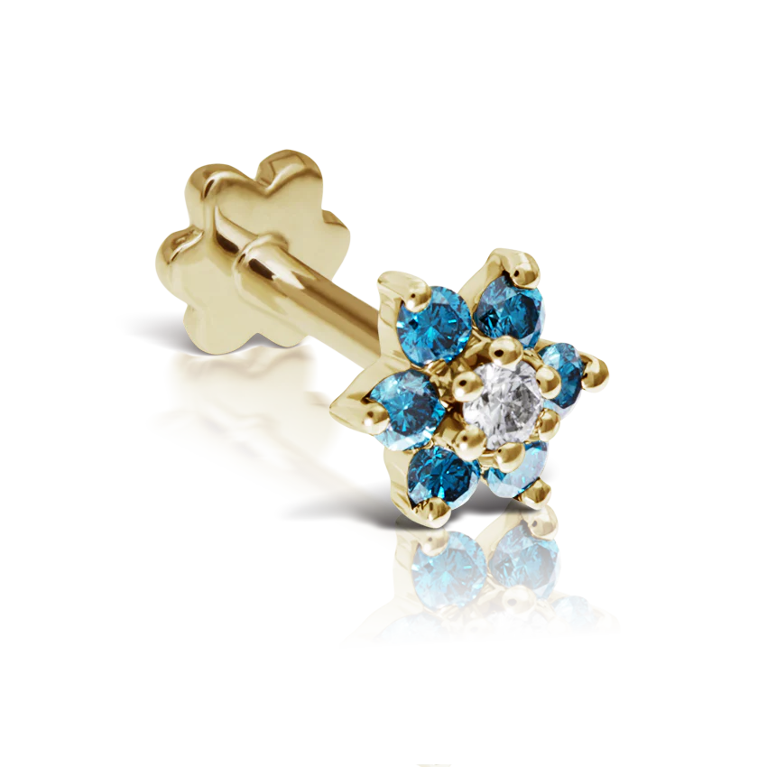 Blue Diamond Flower Threaded Stud Earring With Titanium Backing - Image 11