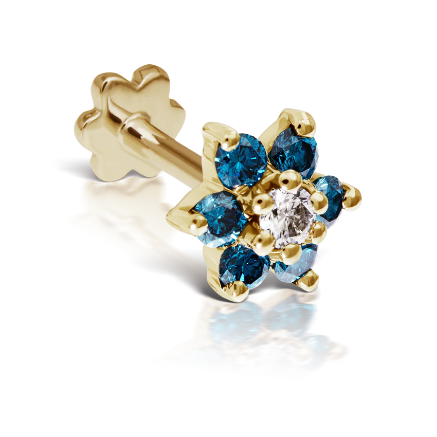 Blue Diamond Flower Threaded Stud Earring With Titanium Backing - Image 14