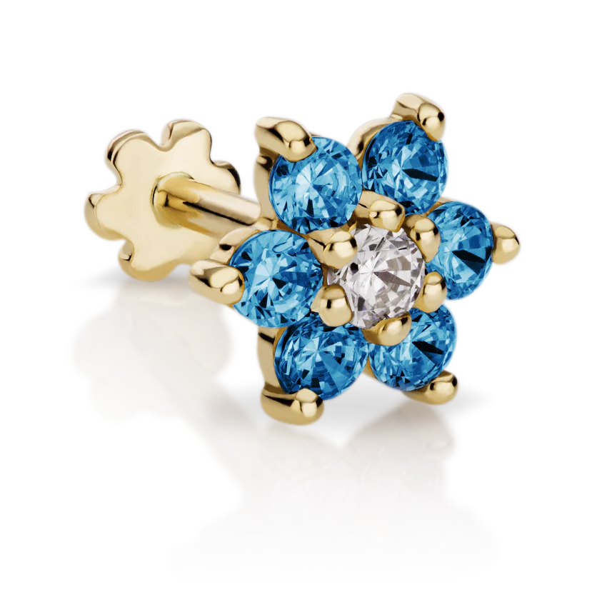 Blue Diamond Flower Threaded Stud Earring With Titanium Backing - Image 16