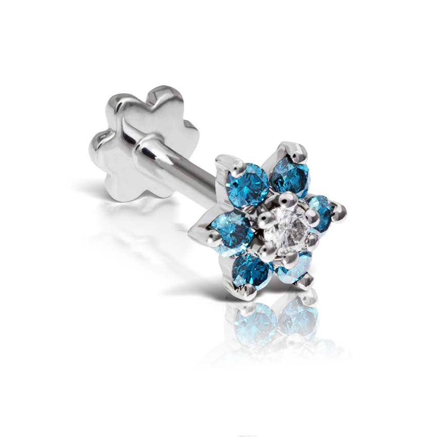 Blue Diamond Flower Threaded Stud Earring With Titanium Backing - Image 2