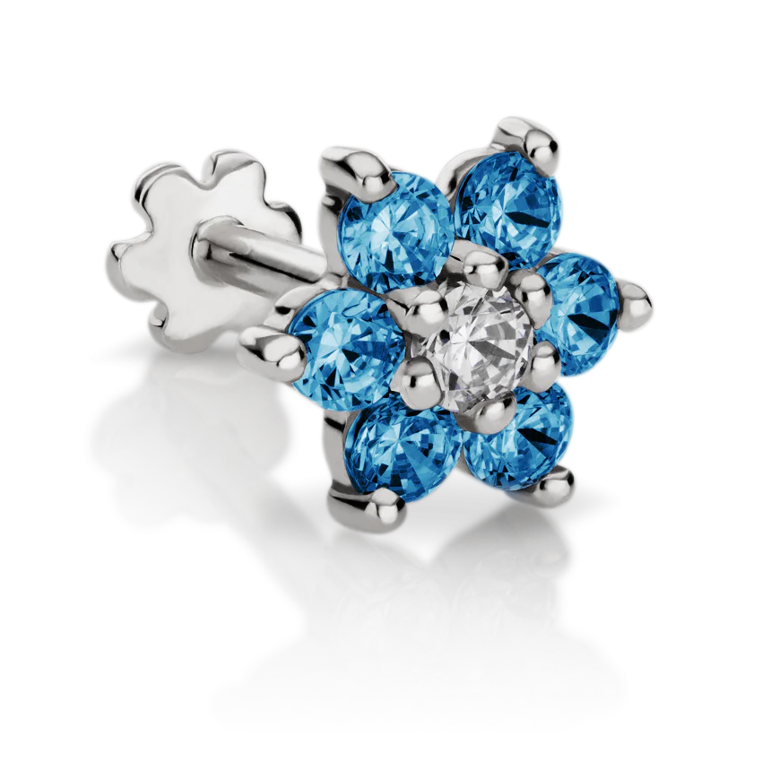 Blue Diamond Flower Threaded Stud Earring With Titanium Backing - Image 8