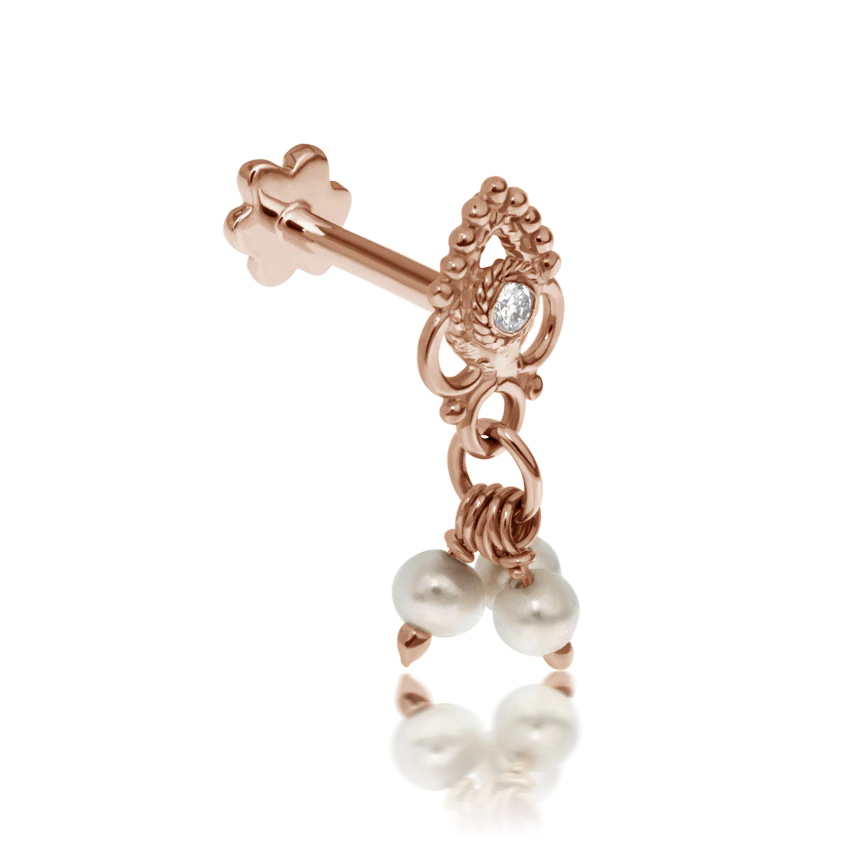 Diamond Ajna with Pearl Dangle Threaded Stud Earring With Titanium Backing - Image 11