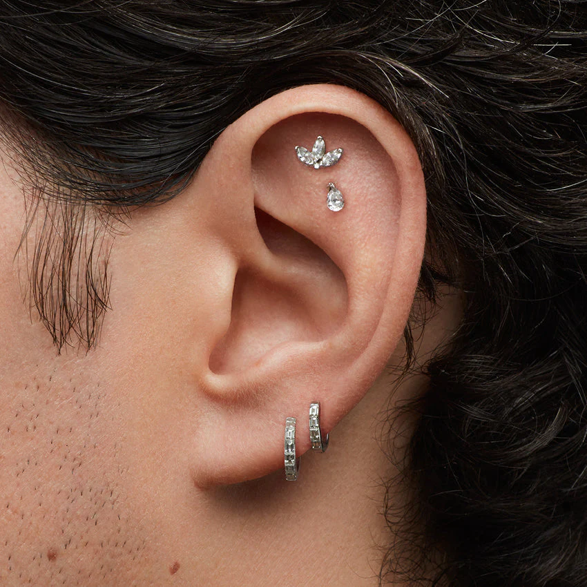 Diamond Engraved Lotus Threaded Stud Earring With Titanium Backing - Image 50