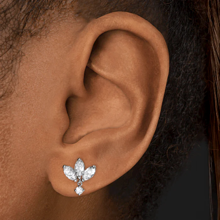 Diamond Engraved Lotus with Dangle Threaded Stud Earring - Image 17