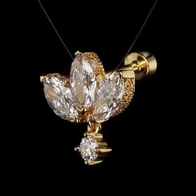 Diamond Engraved Lotus with Dangle Threaded Stud Earring - Image 19