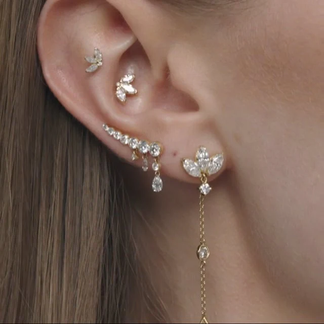 Diamond Engraved Lotus with Dangle Threaded Stud Earring With Titanium Backing - Image 6
