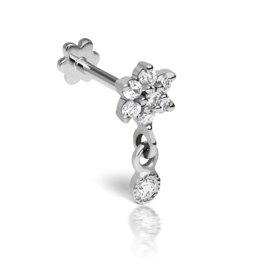 Diamond Flower with Dangle Threaded Stud Earring With Titanium Backing