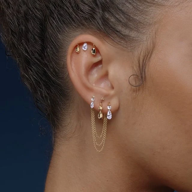 Double Faceted Gold Threaded Charm Stud Earring With Titanium Backing - Image 14