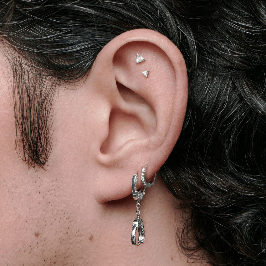 Double-sided Diamond Handcuff Hoop Earring with Short Chain - Image 11