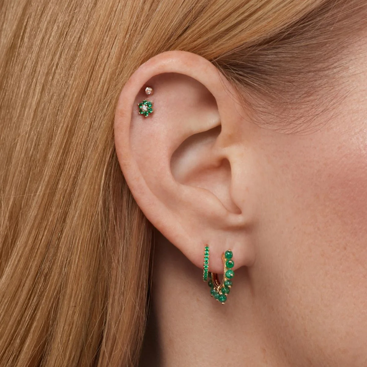 Emerald and Diamond Flower Threaded Stud Earring - Image 12