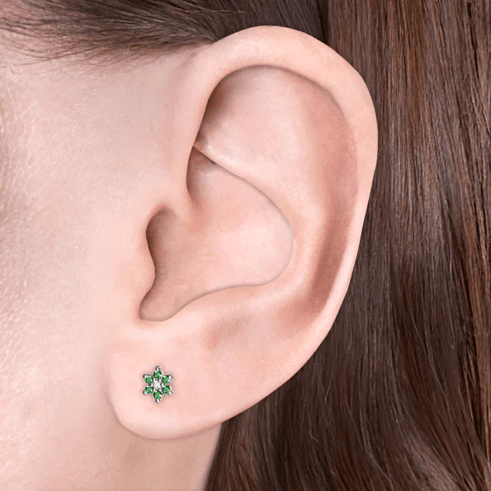 Emerald and Diamond Flower Threaded Stud Earring - Image 4