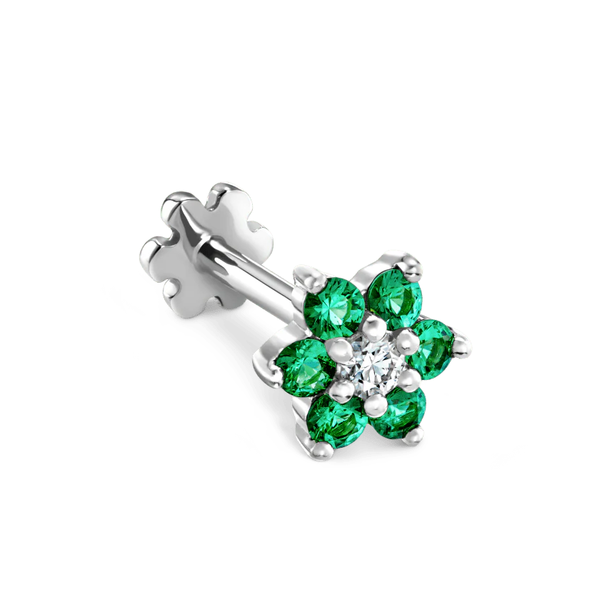 Emerald and Diamond Flower Threaded Stud Earring - Image 5