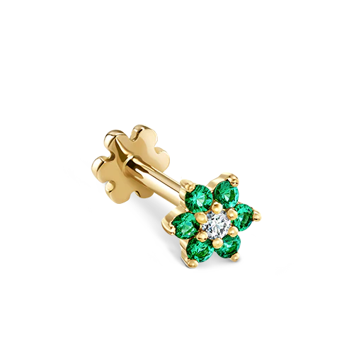 Emerald and Diamond Flower Threaded Stud Earring - Image 9