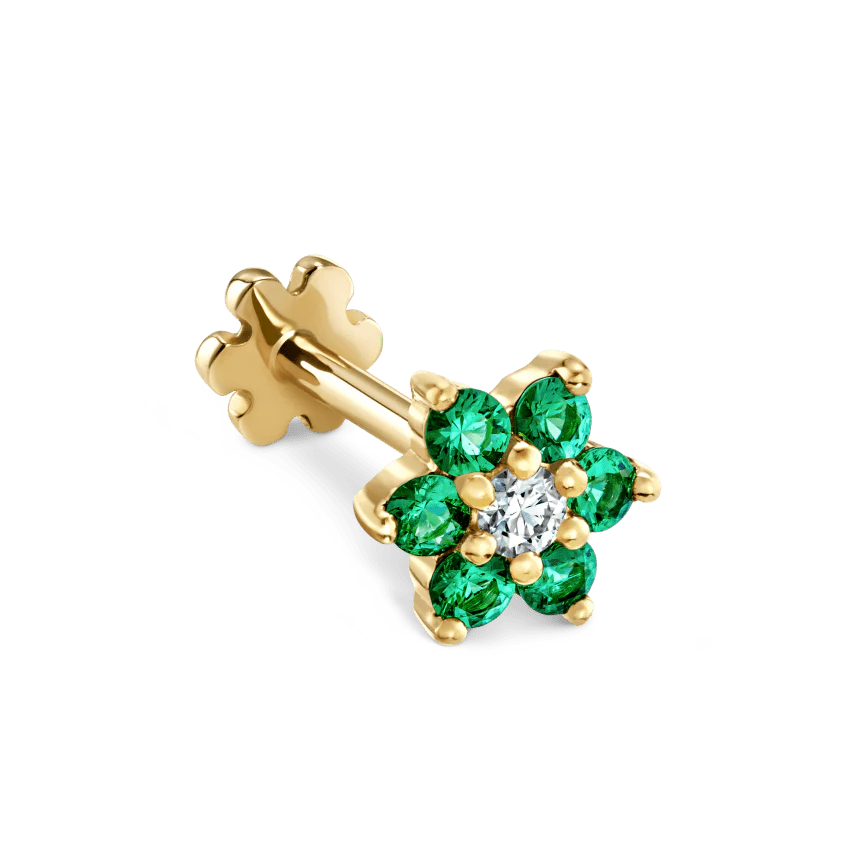 Emerald and Diamond Flower Threaded Stud Earring With Titanium Backing - Image 11