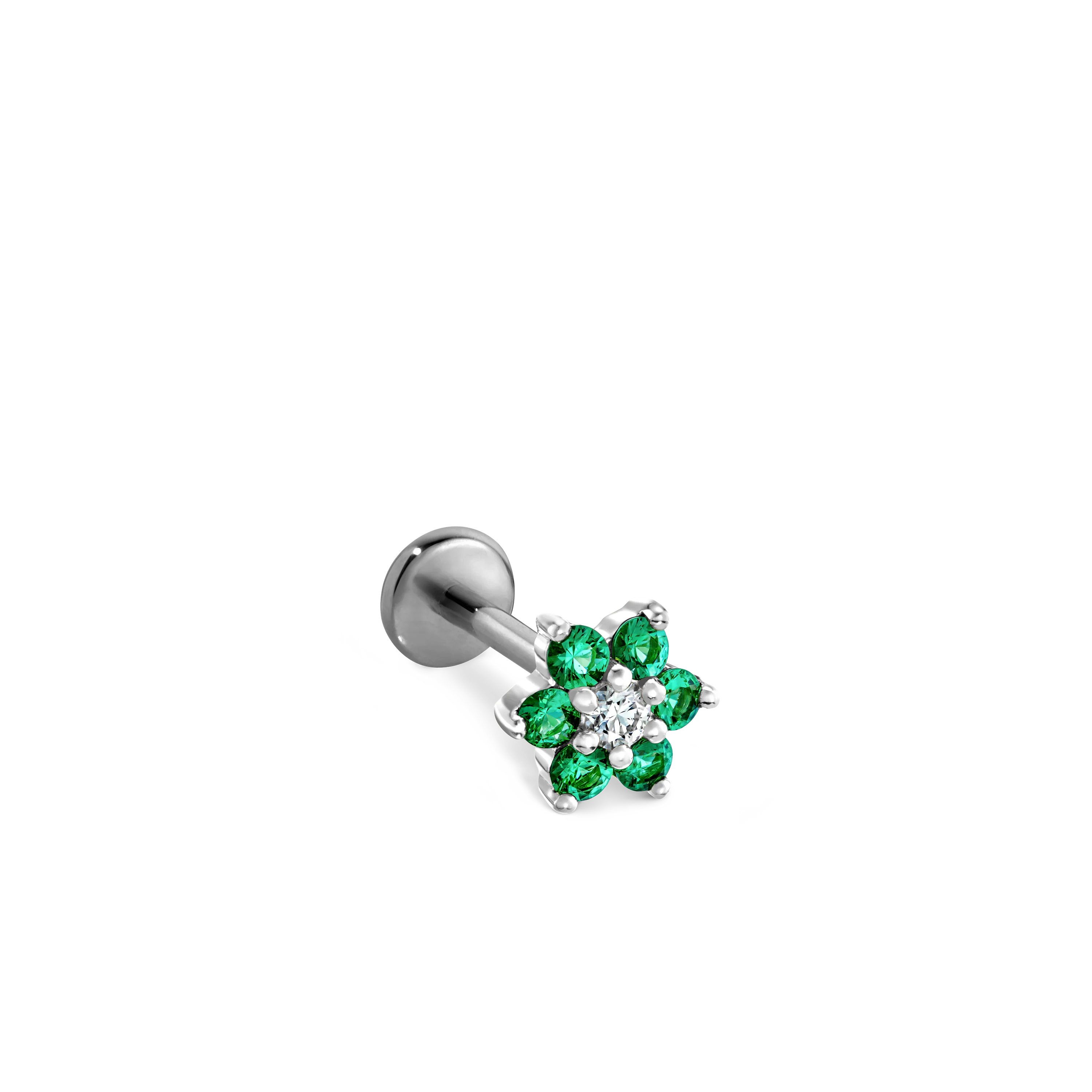 Emerald and Diamond Flower Threaded Stud Earring With Titanium Backing - Image 15