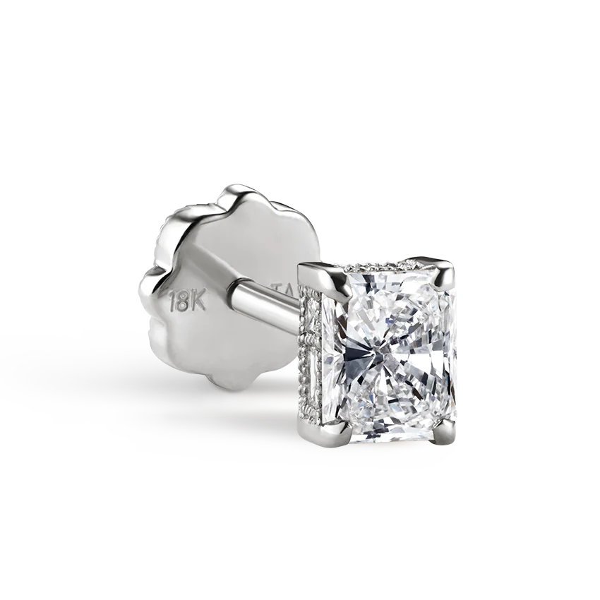 Engraved Radiant Diamond Threaded Stud Earring - Image 4