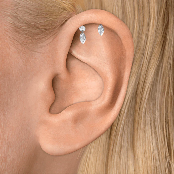 Floating Marquise and Round Diamond Drape Threaded Stud Earring - Image 6