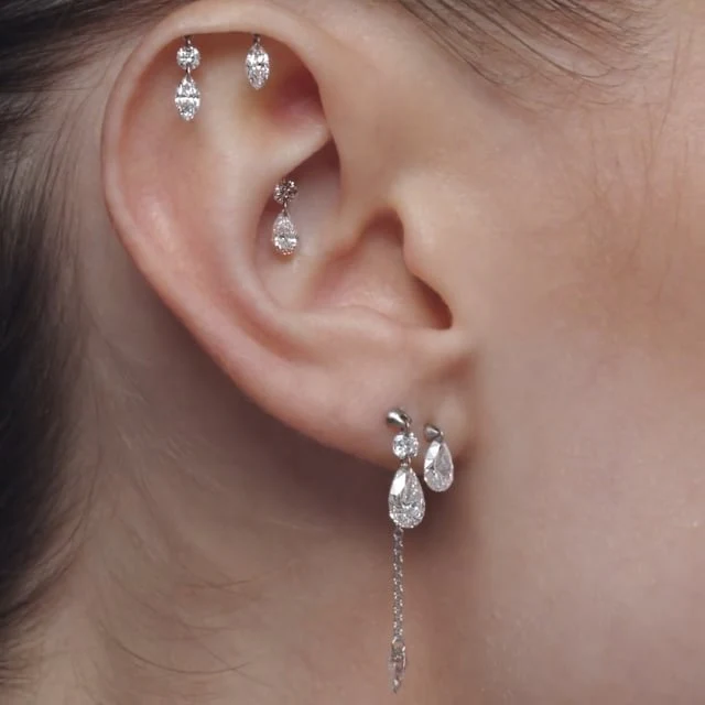 Floating Marquise and Round Diamond Drape Threaded Stud Earring - Image 7