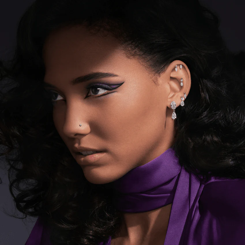 Floating Marquise and Round Diamond Drape Threaded Stud Earring With Titanium Backing - Image 5