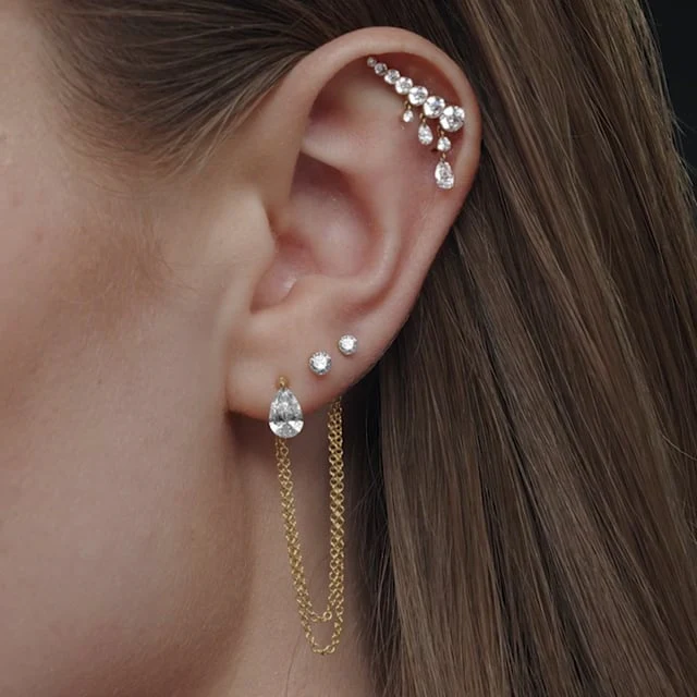 Floating Pear Diamond Charm Threaded Stud Earring - Image 81