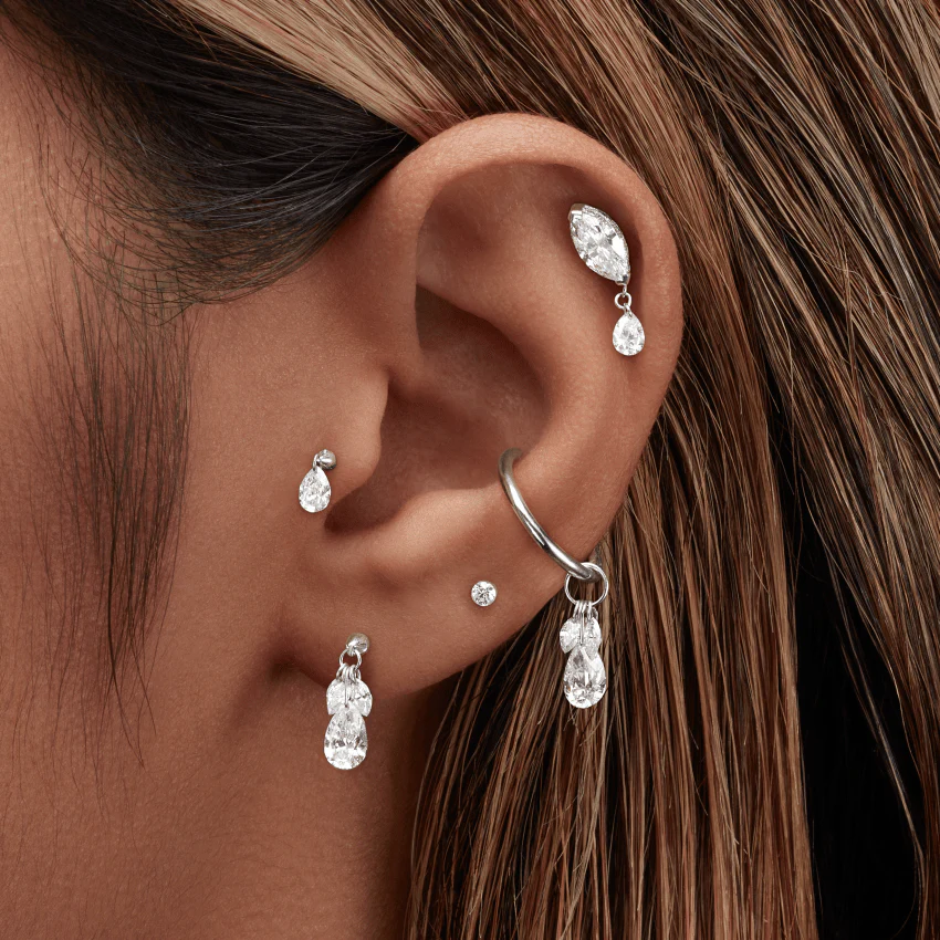 Floating Pear Diamond Charm Threaded Stud Earring With Titanium Backing - Image 5