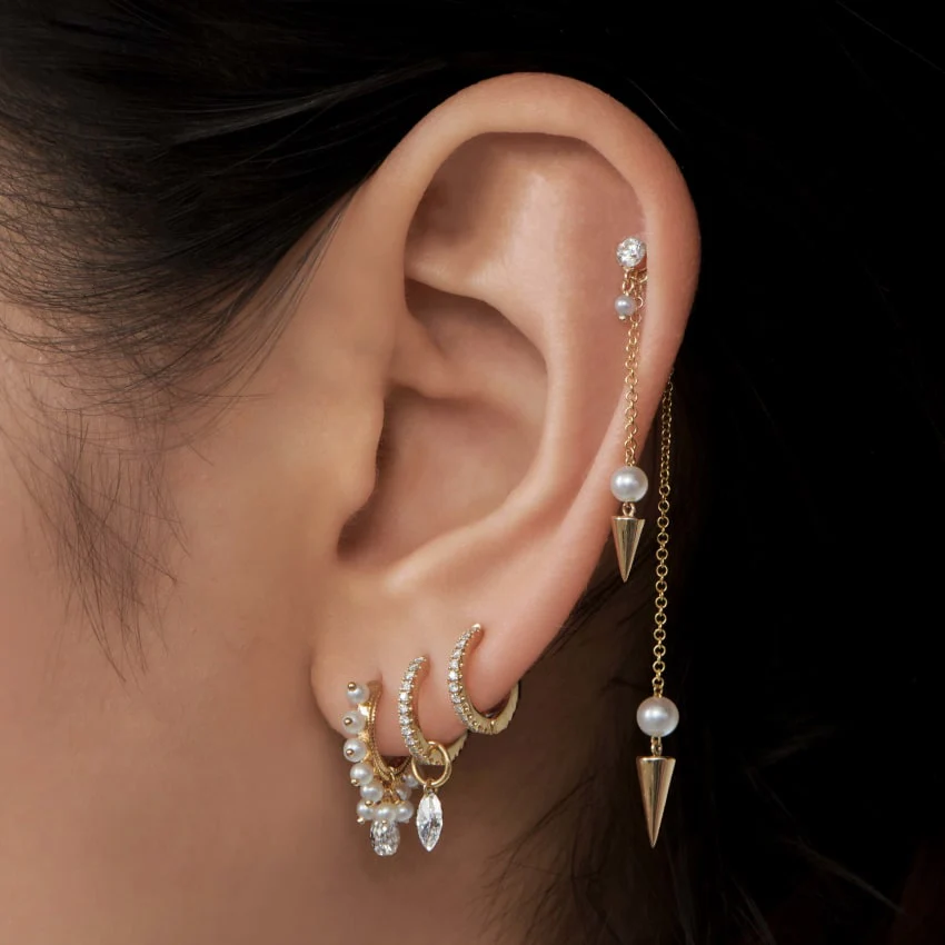Invisible Set Diamond and Pearl Dangle Threaded Stud Earring With Titanium Backing - Image 11