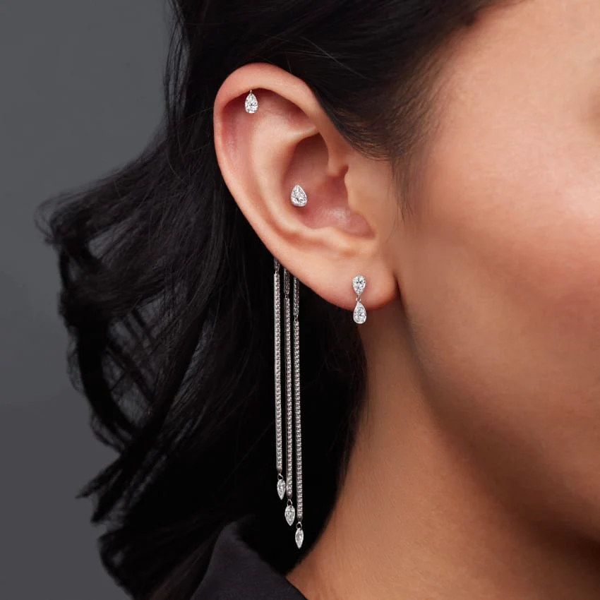 Invisible Set Diamond Pear Dangle Threaded Stud Earring - Image 5