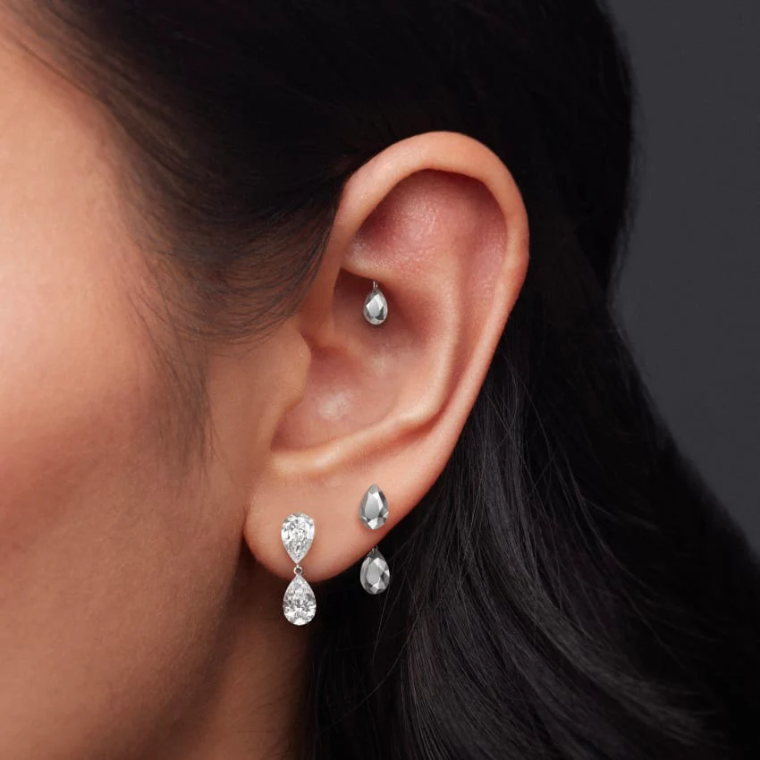 Invisible Set Diamond Pear Dangle Threaded Stud Earring - Image 8