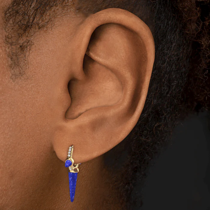 Lapis Triple Long Spike Diamond Eternity Hoop Earring - Image 8