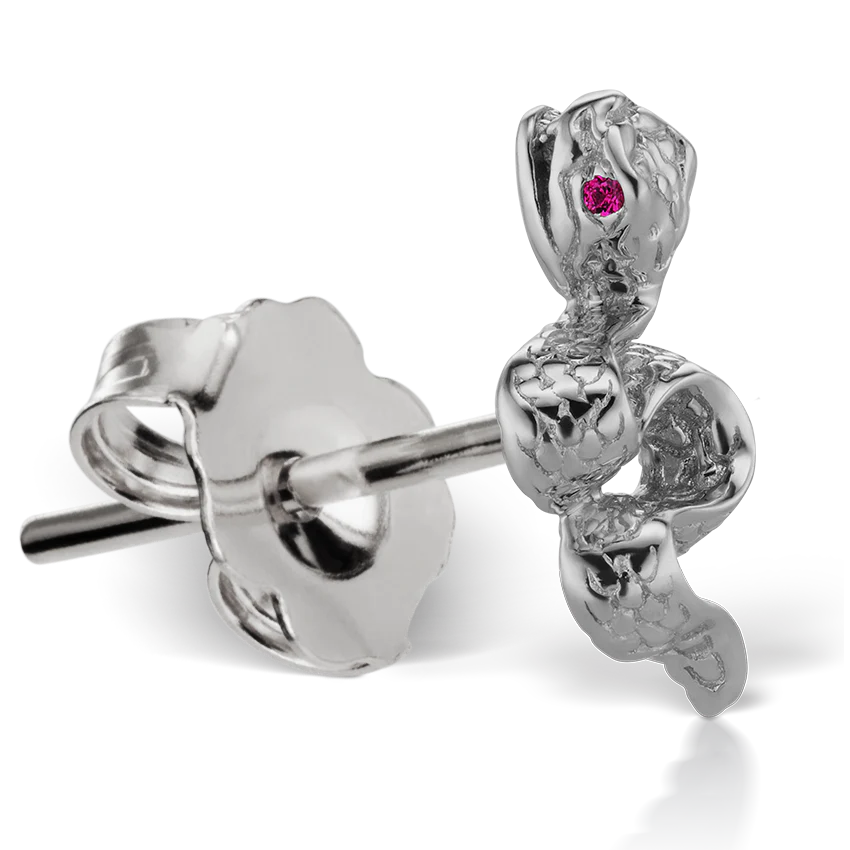 Large Engraved Snake with Ruby Eyes Stud Earring - Image 4