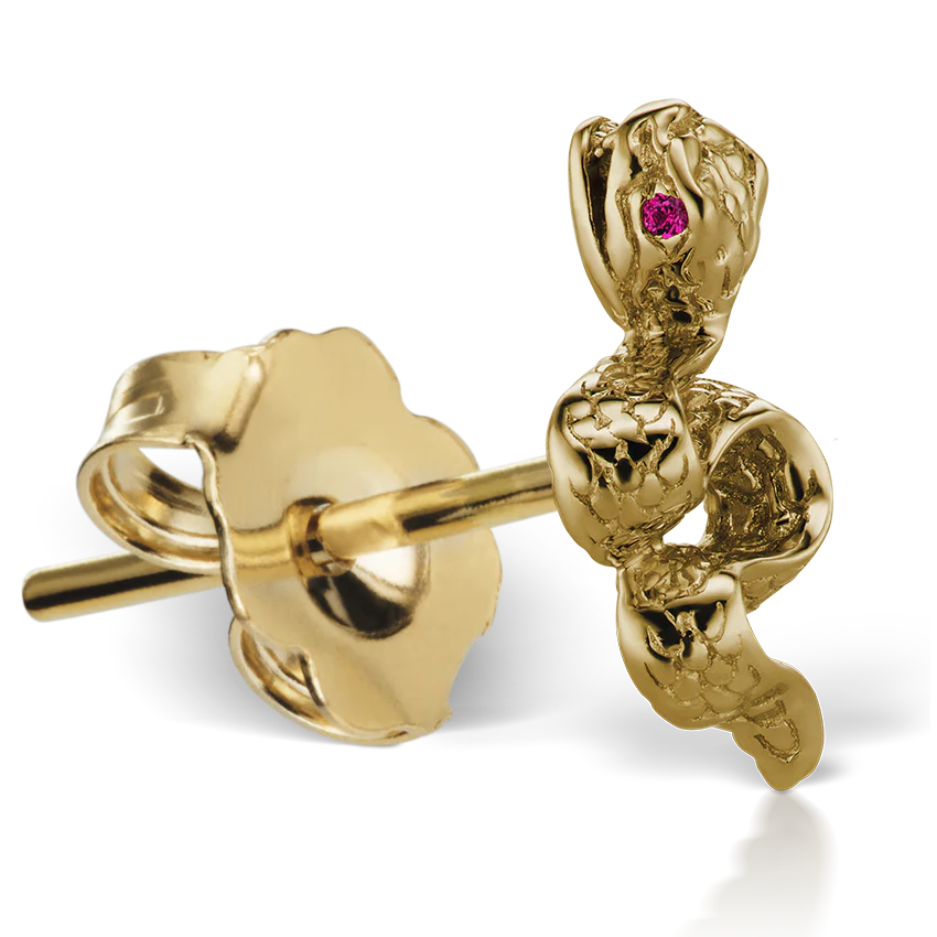 Large Engraved Snake with Ruby Eyes Stud Earring - Image 5