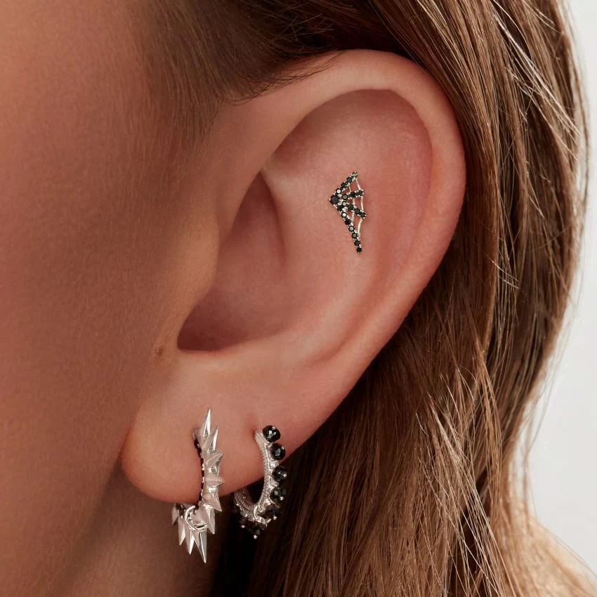 Metal Mohawk with Black and White Diamond Pavé Hoop Earring - Image 14