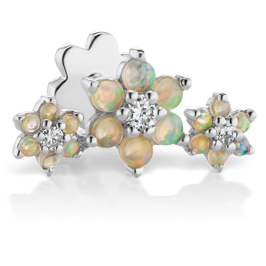 Opal and Diamond Three Flower Garland Threaded Stud Earring With Titanium Backing