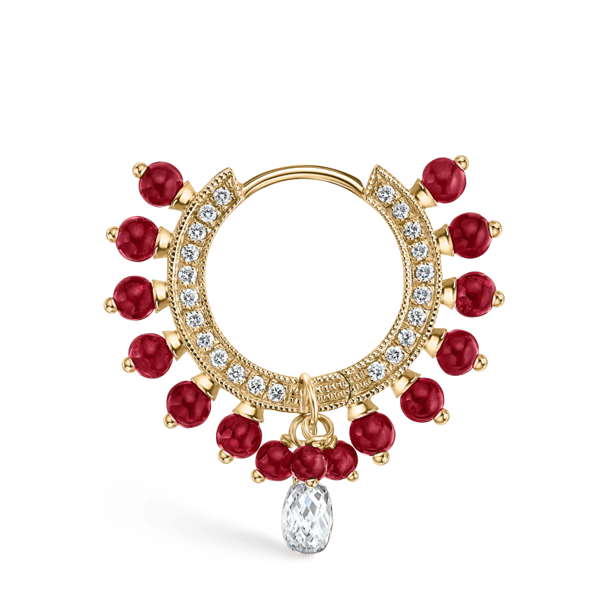 Pavé Diamond Ruby Coronet with Diamond Briolette Hoop Earring - Image 3