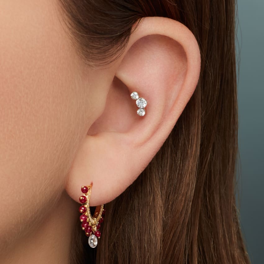 Pavé Diamond Ruby Coronet with Diamond Briolette Hoop Earring - Image 4