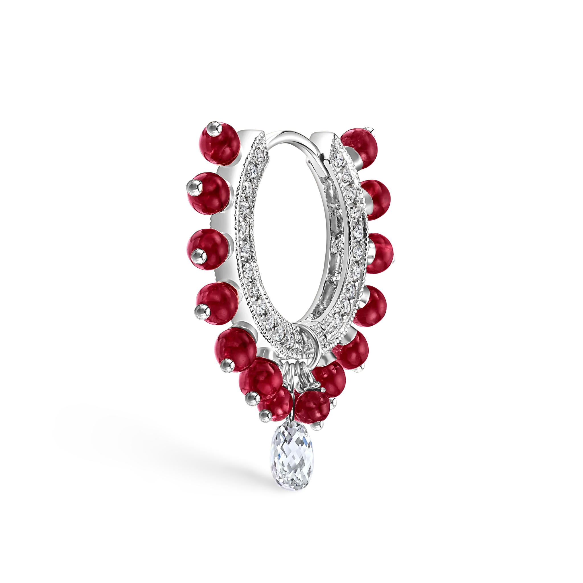 Pavé Diamond Ruby Coronet with Diamond Briolette Hoop Earring - Image 7