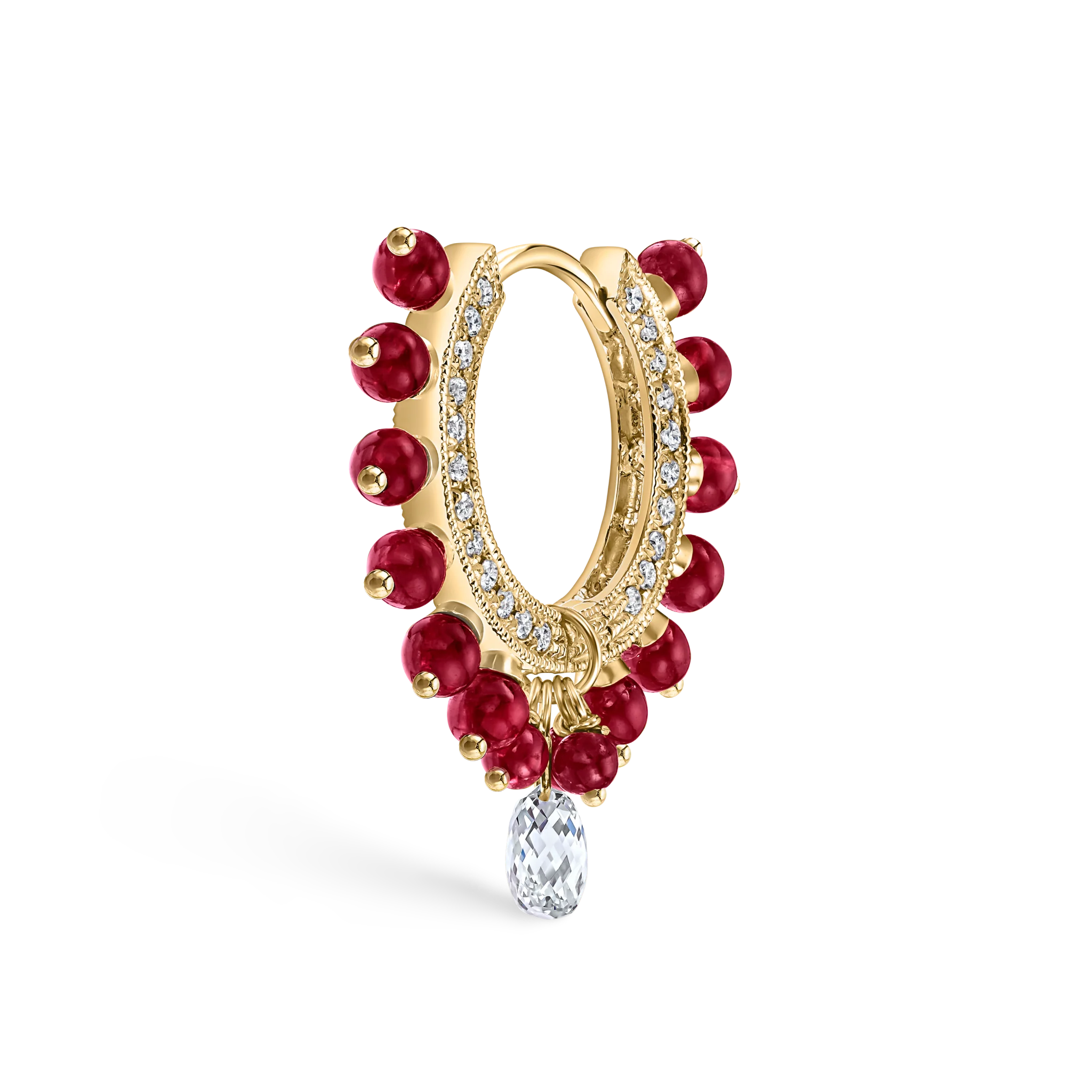 Pavé Diamond Ruby Coronet with Diamond Briolette Hoop Earring - Image 8