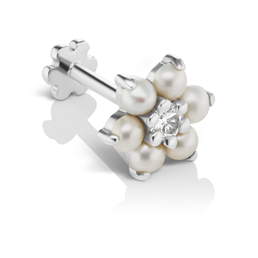 Pearl Flower with Diamond Center Threaded Stud Earring With Titanium Backing
