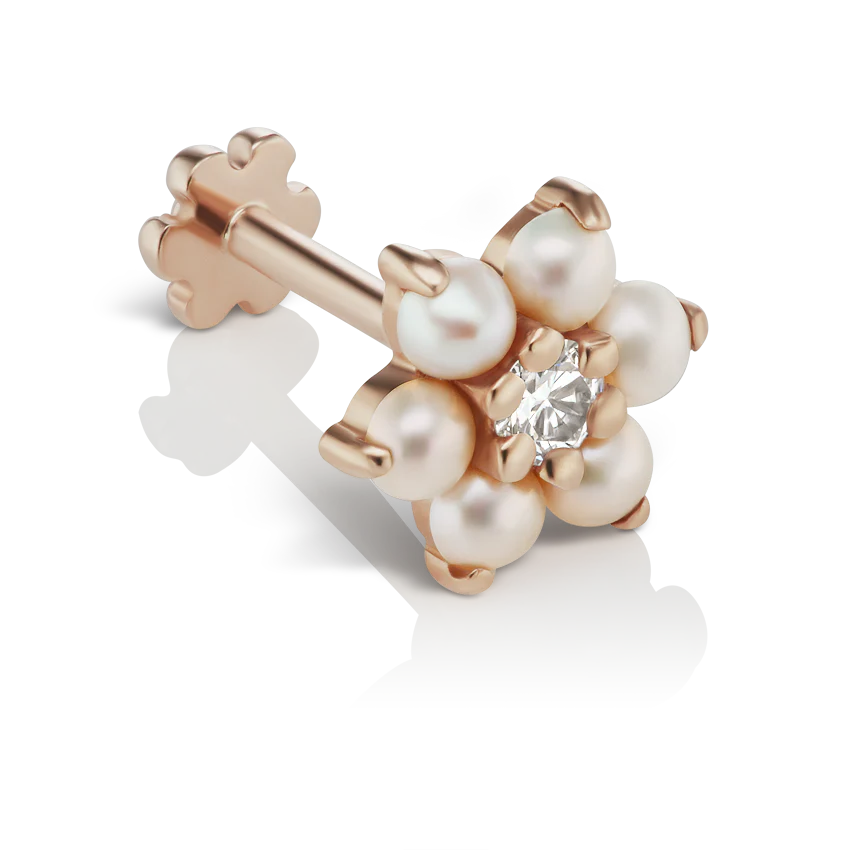 Pearl Flower with Diamond Center Threaded Stud Earring With Titanium Backing - Image 10